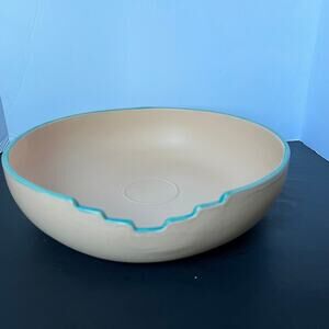 Taos Treasure Craft USA Deep Round Chip Bowl Brown Blue Rim 13 inch